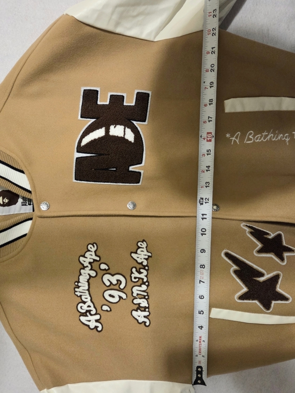 A BATHING APE BAPE MULTI MOTIF VARSITY JACKET BEIGE SIZE XXL (NWT) - Picture 13 of 14